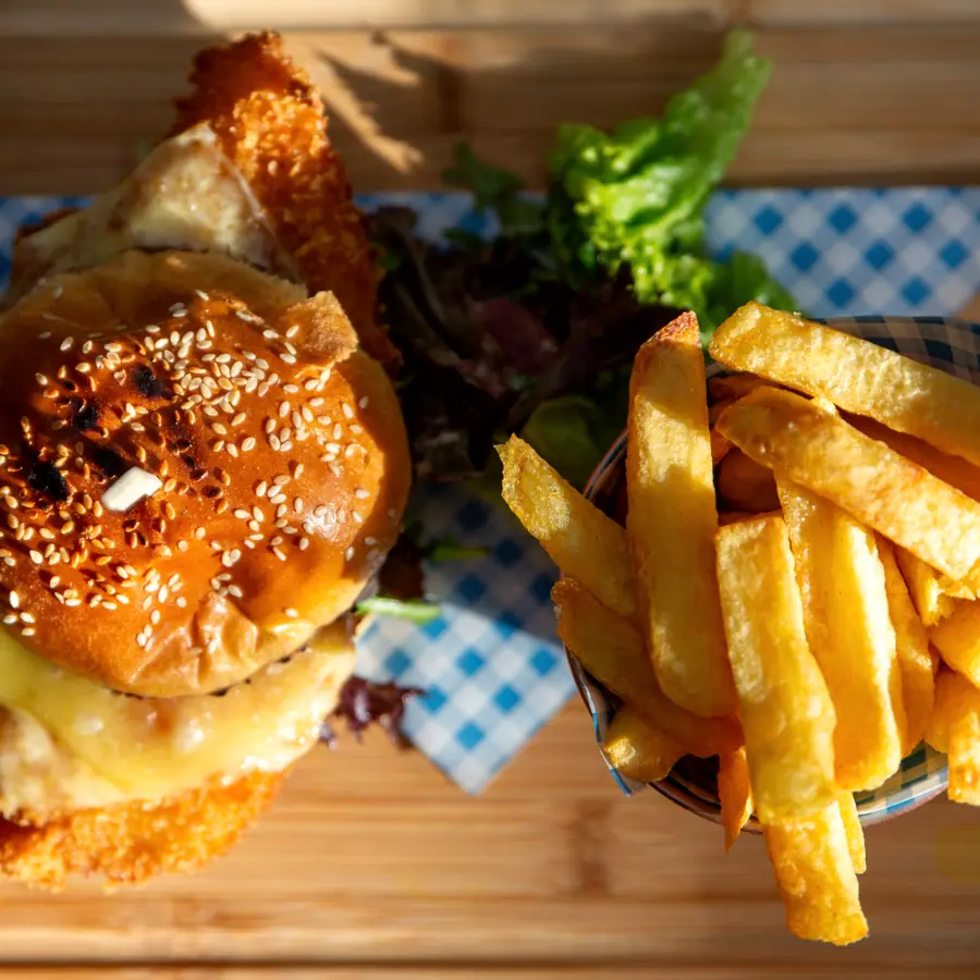 A chicken burger with hand-cut chips seen from above
