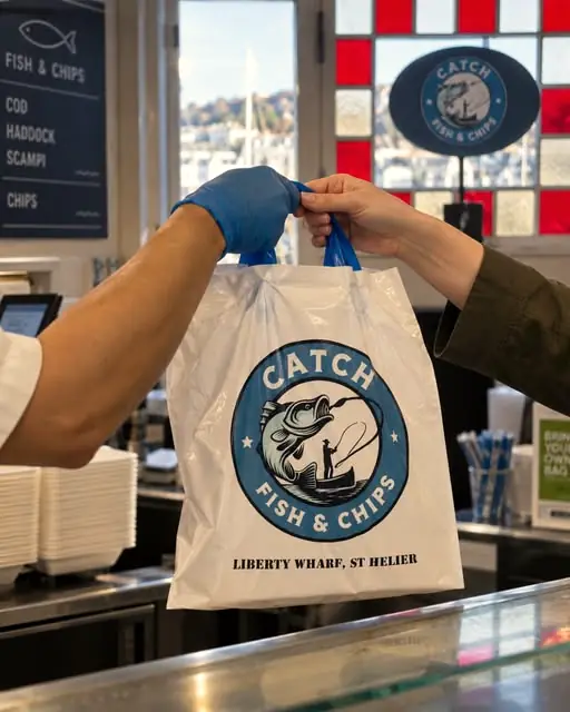 A Catch carrier bag handed over the counter